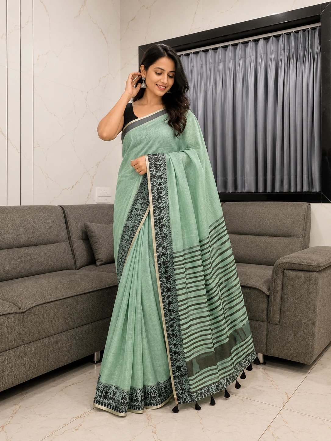 Pure Cotton Soft Silk Saree with Jacquard Weaving Border & Matching Blouse