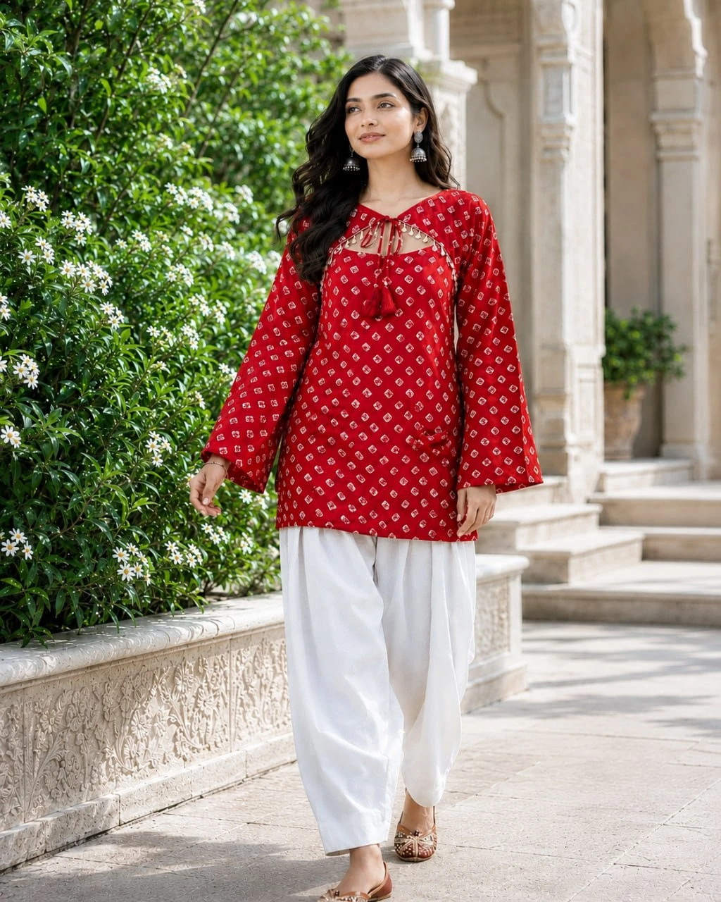 Pure Cotton Bandhej Print Kurti Pant Set With Bell Sleeves