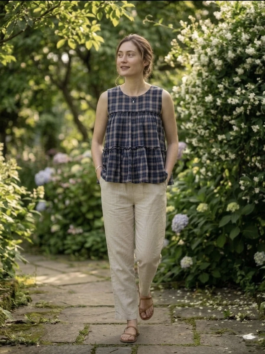 Checks Linen Cotton Sleeveless Top With Pant Set