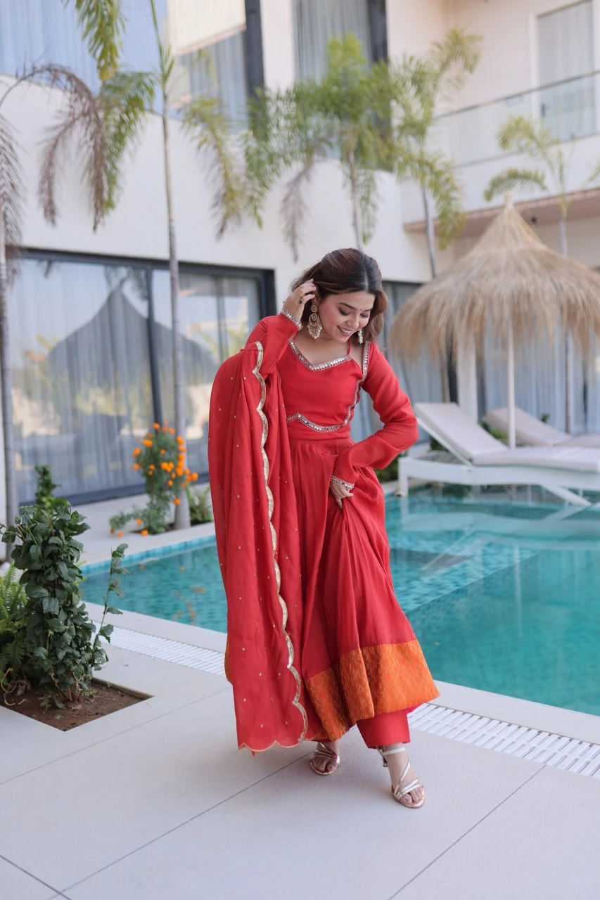 Premium Mul Chanderi Kurti Pant Dupatta Set With Mirror Lace & Sequins Work