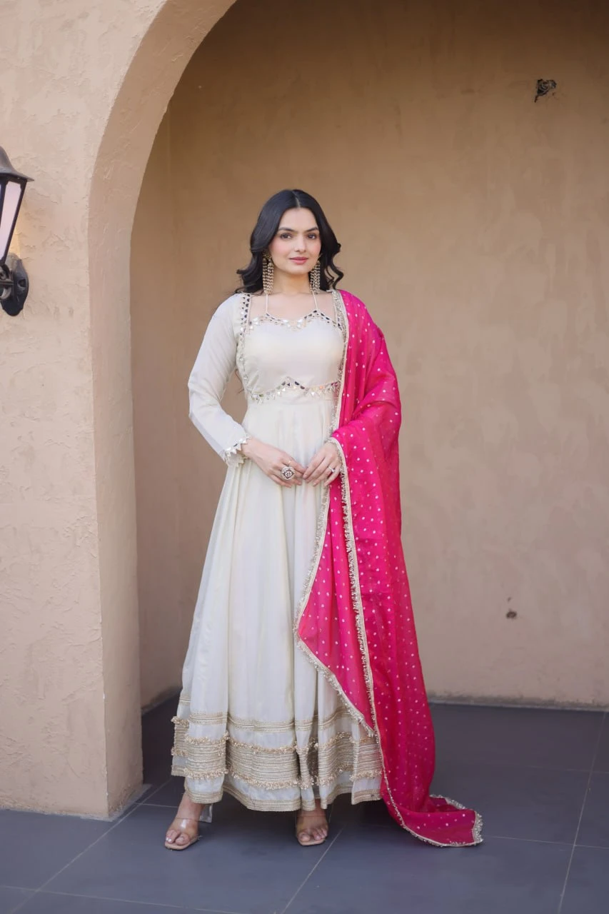 Cosmos Mirror Work Gown with Dupatta
