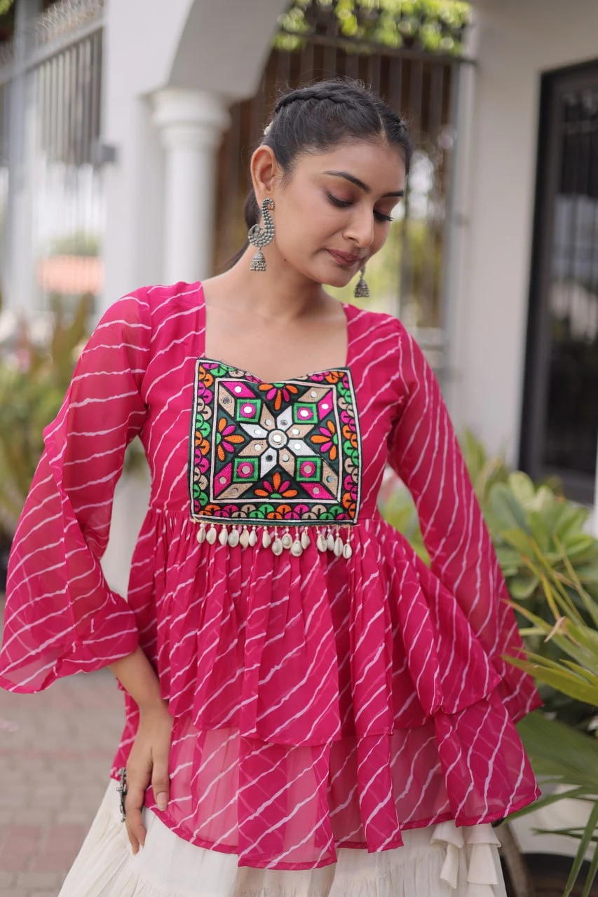 Navratri Special Laheriya Print Top with Kutchi Gamthi Patchwork
