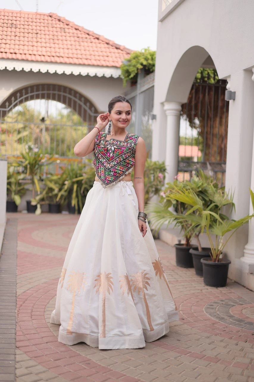 Navratri Lehenga Choli for Women | Roman Fabric with Kutchi Gamthi Work
