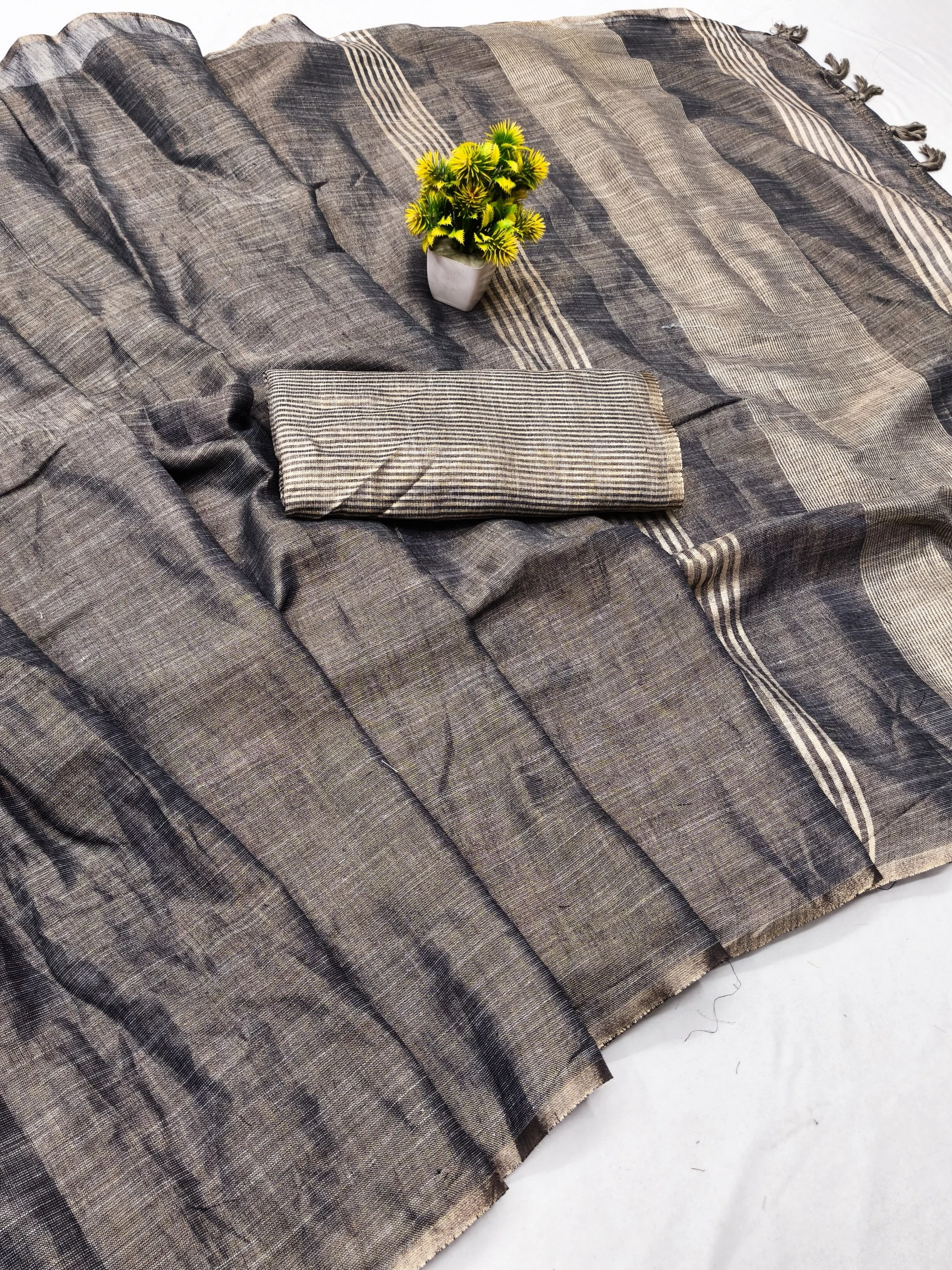 Premium Linen Tissue Saree with Jacquard Weaving | Pure Mysore Silk Blouse