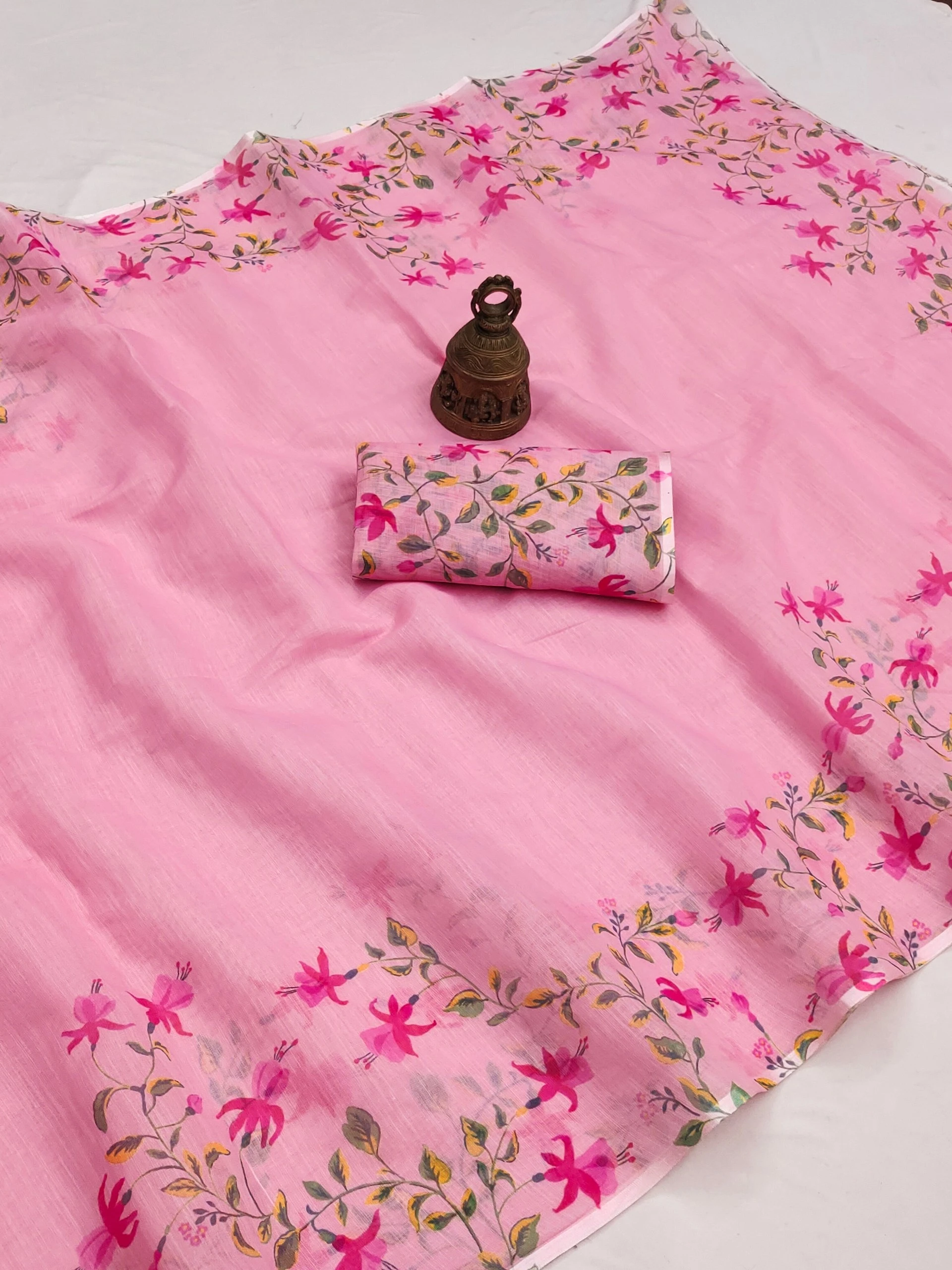 Designer Plain Linen Saree with Digital Print | Soft Linen Blouse | Free Delivery & COD Available