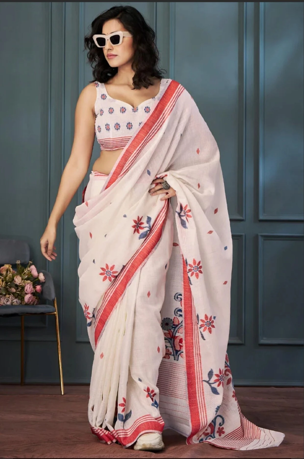 remium Plain Linen Digital Print Saree | Soft Linen Matching Blouse | Free Delivery & COD Available