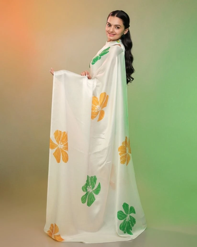Women's 15th August Special Tricolor Digital Print Japan Satin Saree with Unstitched Blouss