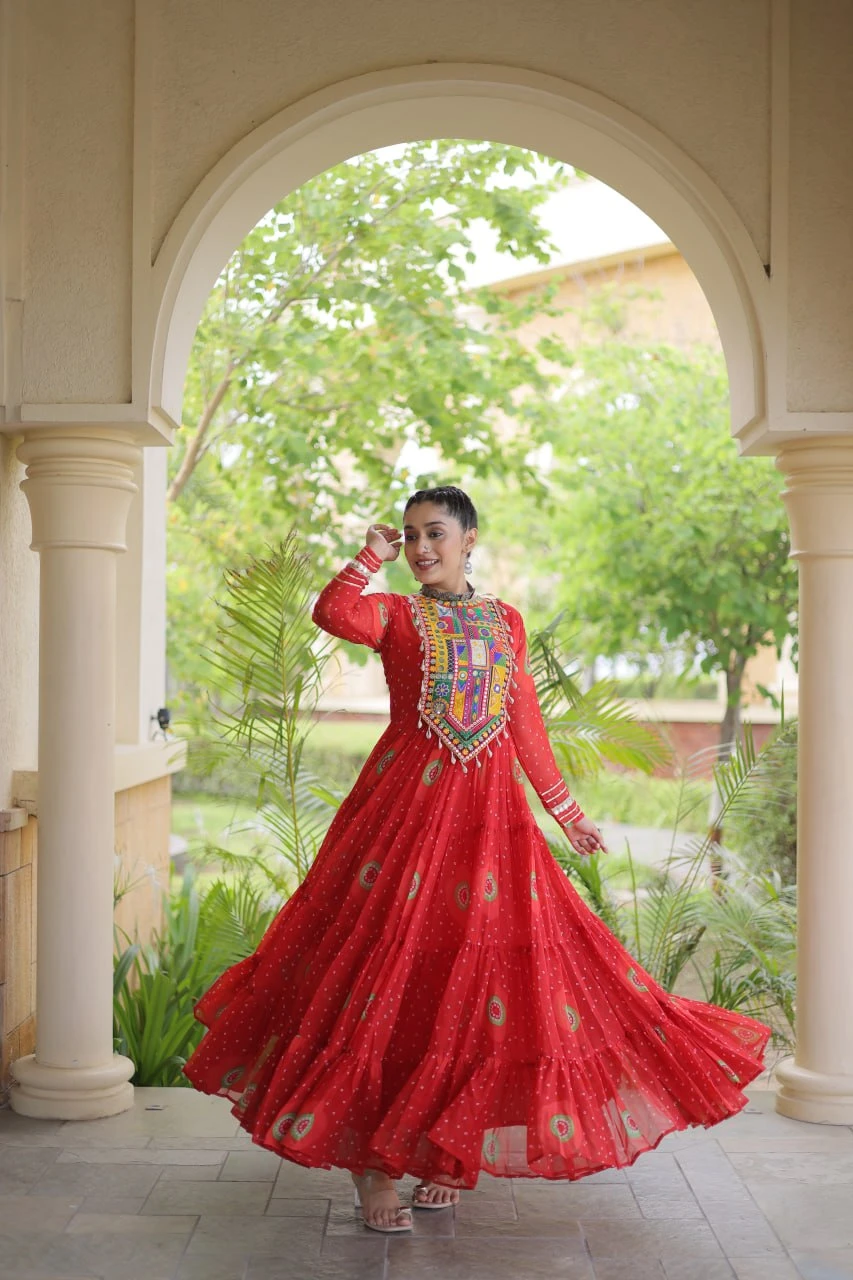 Navratri Gown for Women with Bandhani Print & Kutchi Patchwork