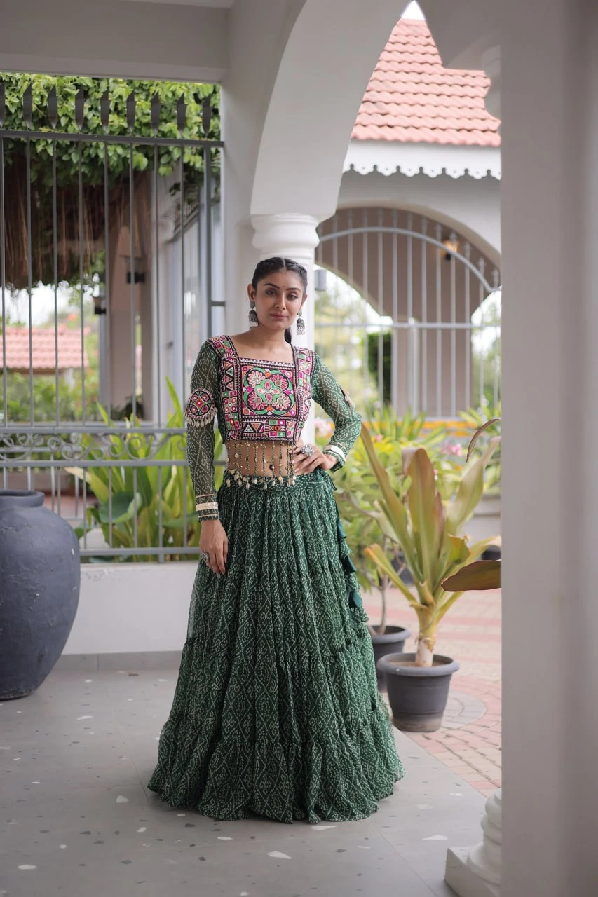 Bandhani Print Full-Stitched Lehenga Choli with Kutchi Patchwork & 12 Meter Flair