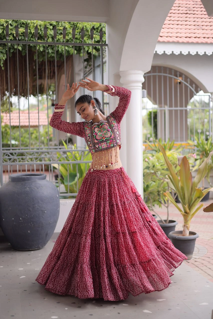Bandhani Print Full-Stitched Lehenga Choli with Kutchi Patchwork & 12 Meter Flair