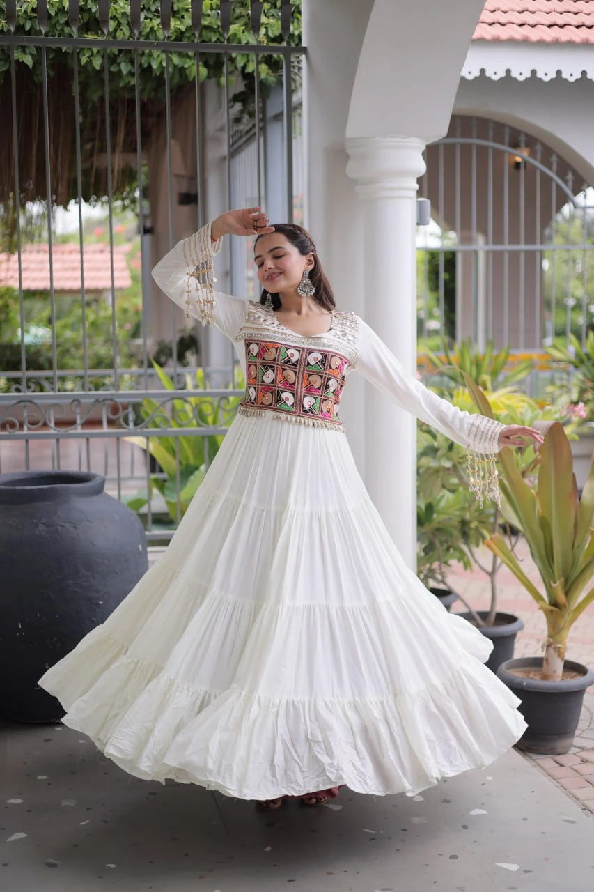 Women's 14 Kg Rayon Kutchi Gamthi Embroidered Mirror Work Gown with 12 Meter Flair