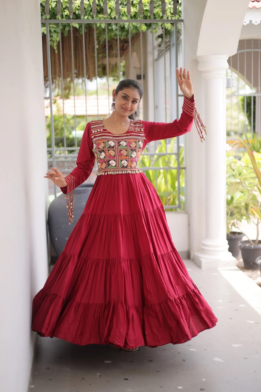 Women's 14 Kg Rayon Kutchi Gamthi Embroidered Mirror Work Gown with 12 Meter Flair