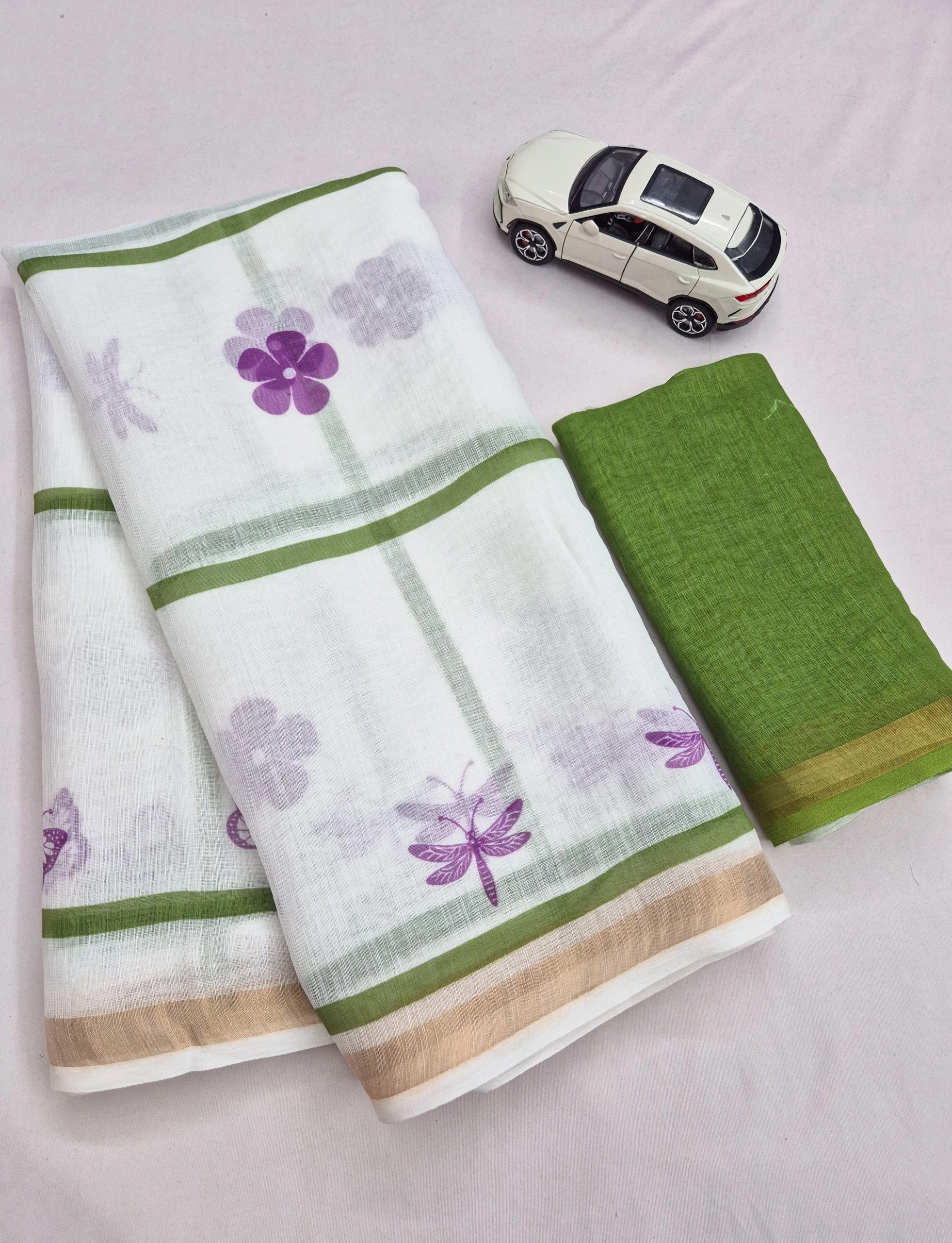 Premium Linen Digital Print Saree with Gold Zari Border & Matching Blouse | Free Shipping | COD Available