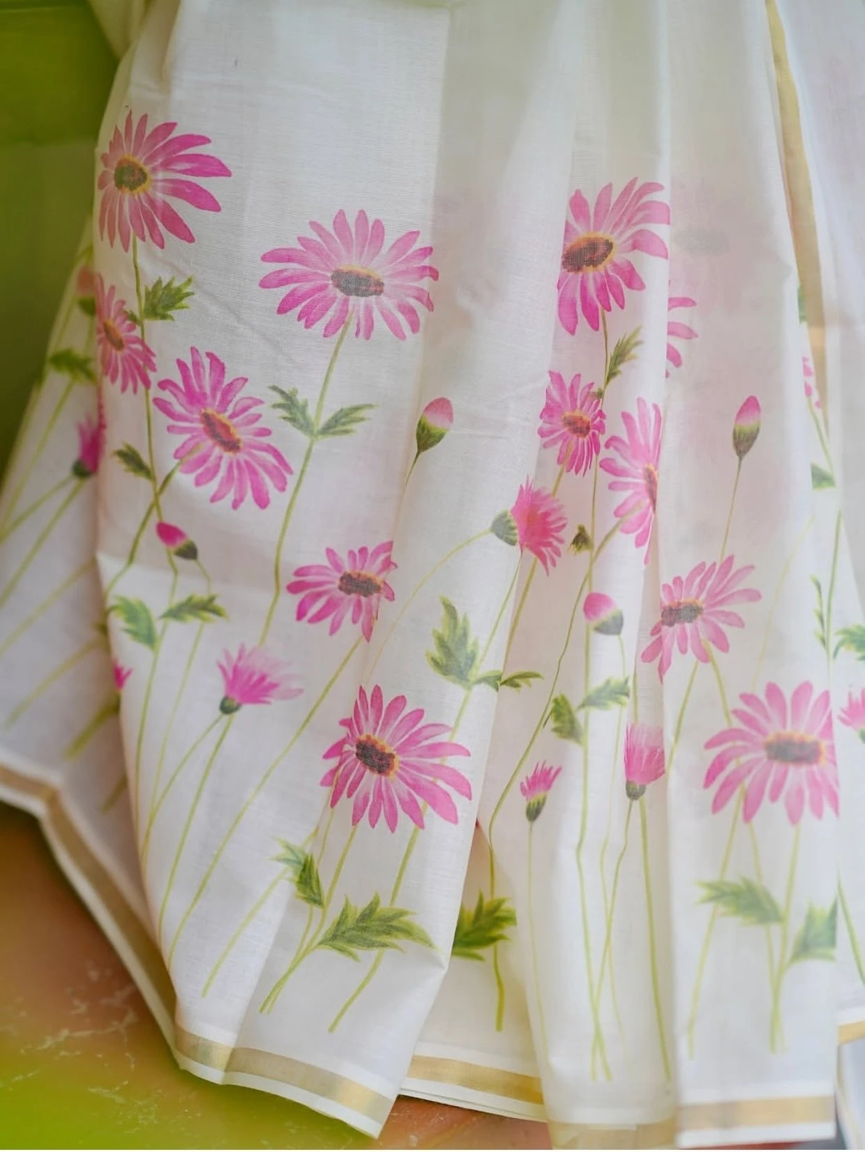 Pink Sunflower Digital Print Linen Saree with Gold Zari Border & Matching Blouse | Free Shipping | COD Available