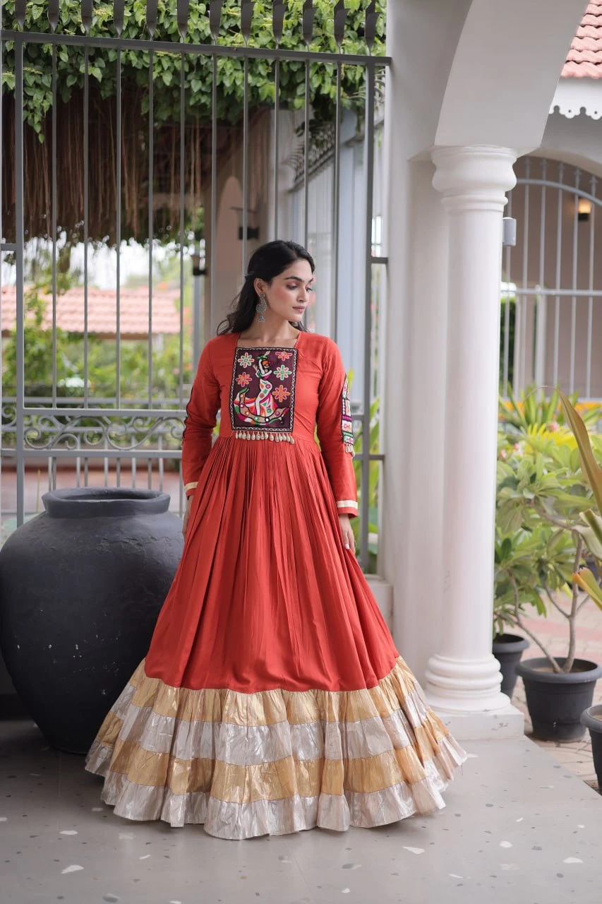Women's 14 KG Rayon Kutchi Gamthi Thread Work Gown | 12 Meter Flair | Free Shipping | COD Available