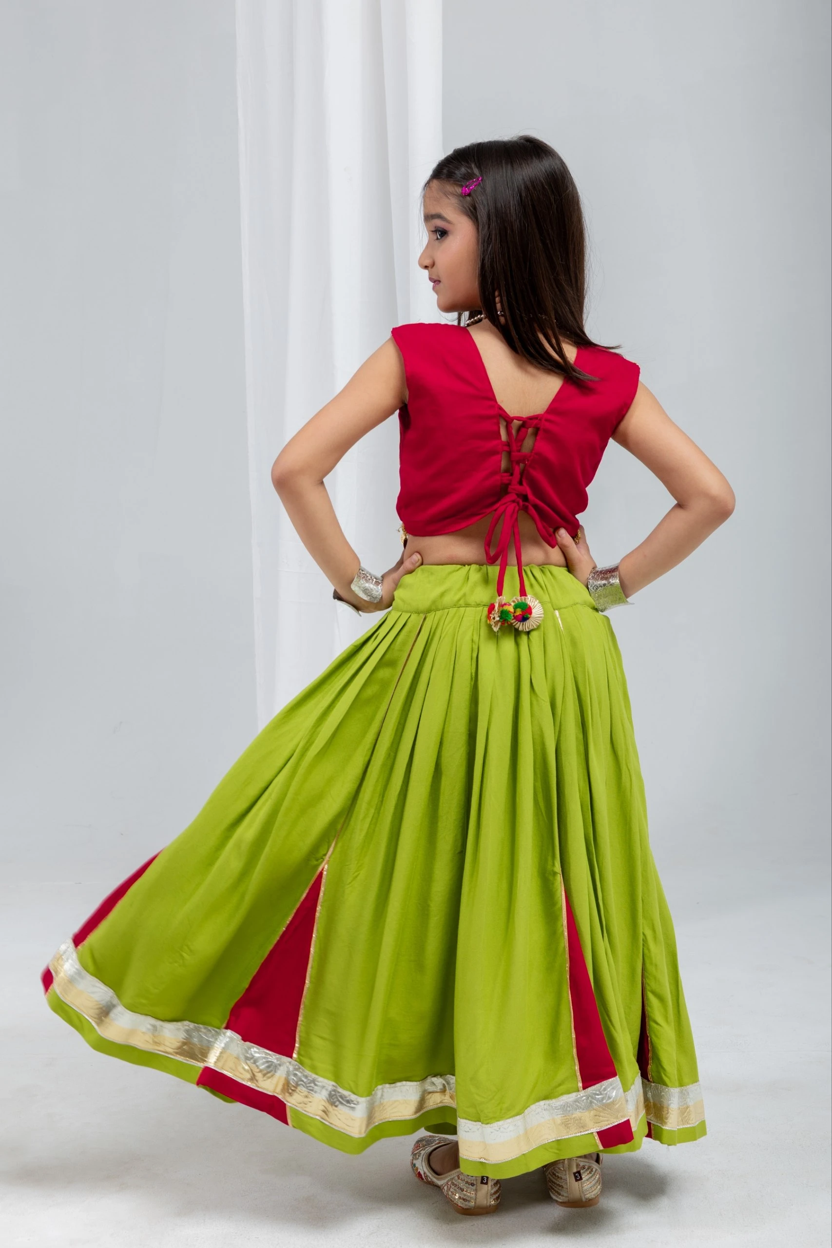 Girls Navratri Lehenga Choli Set | Parrot & Cherry | Pure 21 KG Rayon Cotton | 2-15 Years | Free Shipping | COD Available