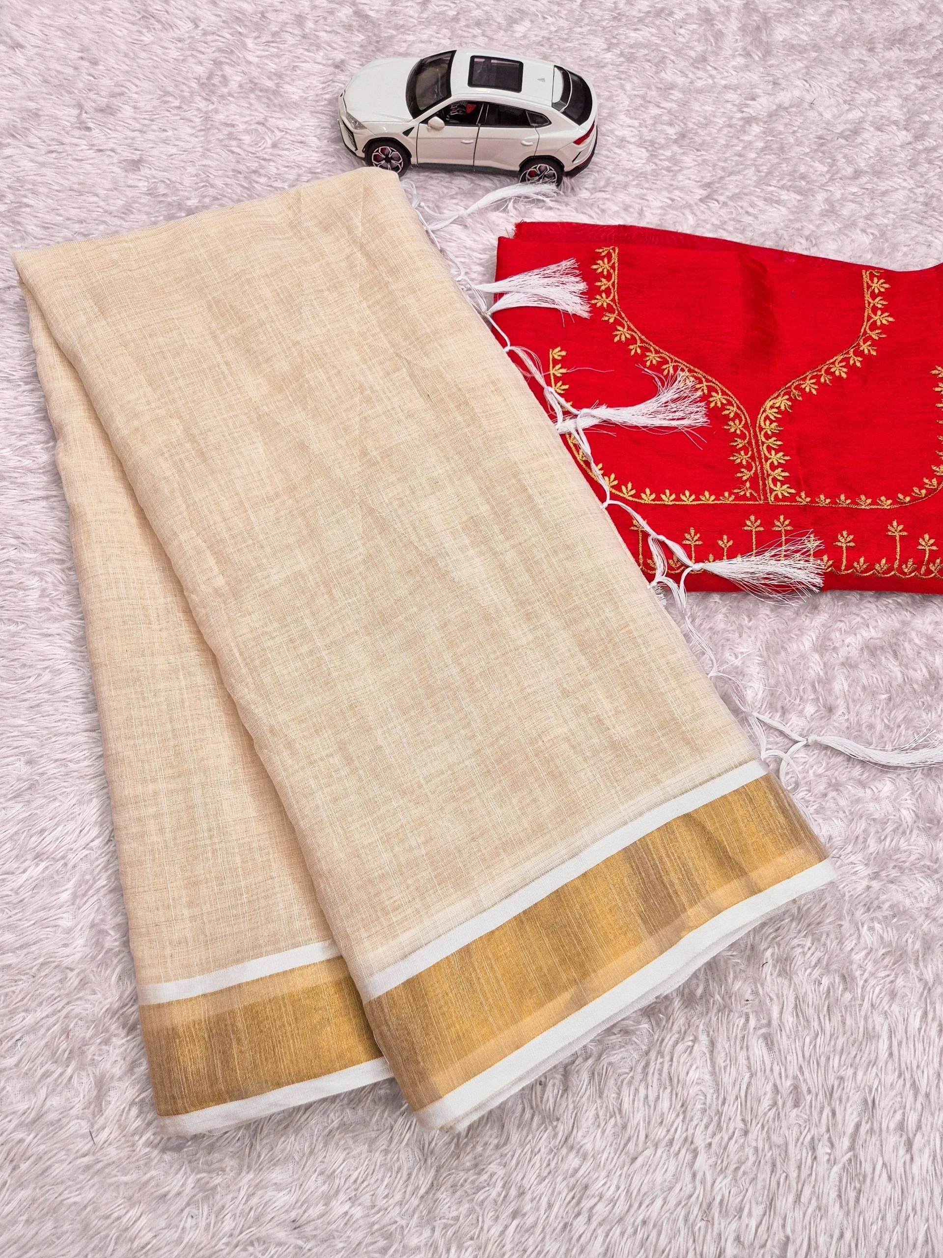Chiku Linen Saree with Gold Jari Kerala Border & Embroidered Blouse | Mangalya New Design