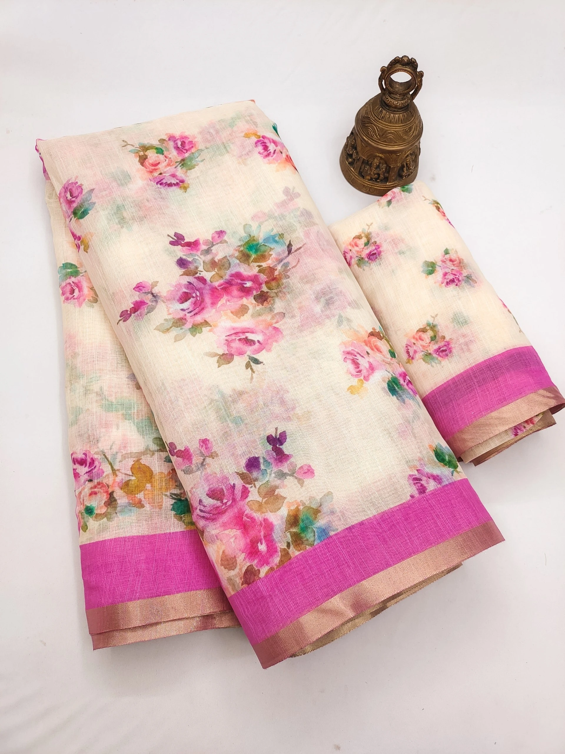 Soft Linen Digital Print Saree with Gold Zari Border & Matching Blouse | 6.30 Meter