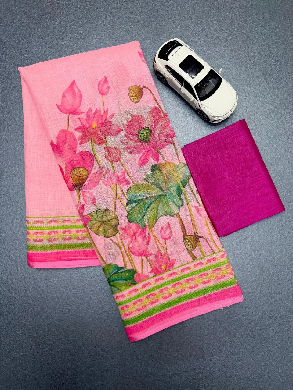 Plain Soft Linen Digital Print Saree with Bangaloiry Satin Blouse
