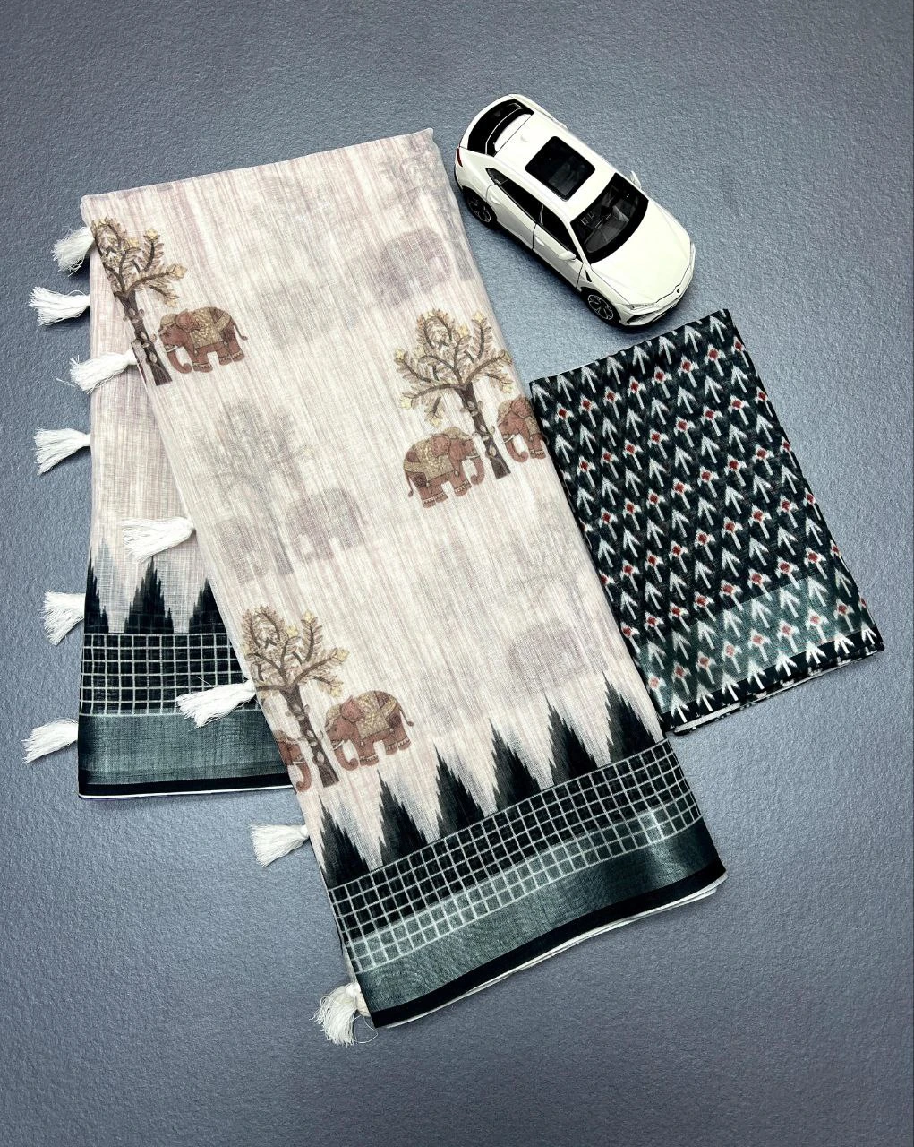 Soft Linen Digital Print Saree with Silver Jari Border & Matching Blouse