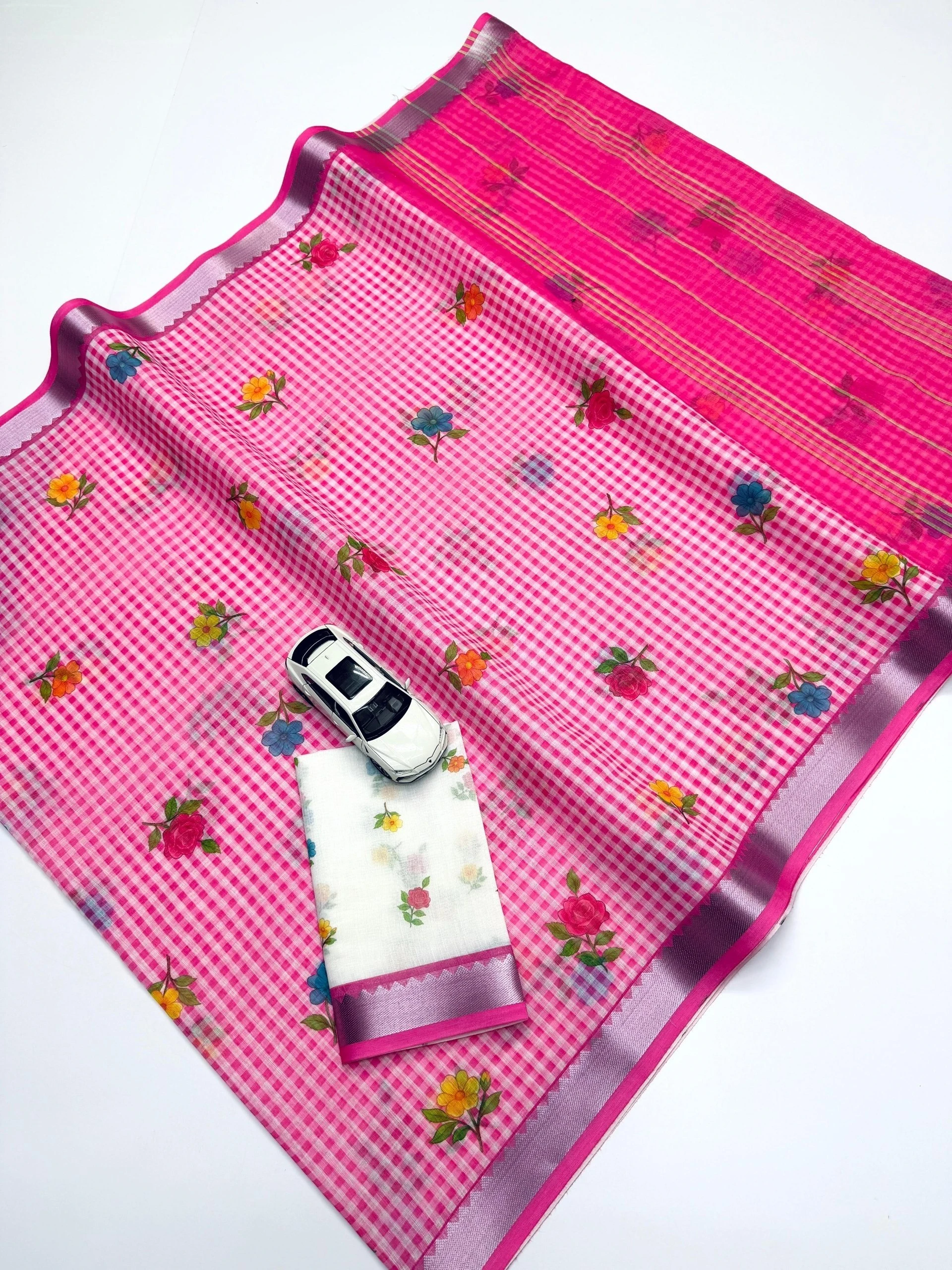 Soft Linen Digital Print Saree with Mangalagiri Border & Matching Blouse | 6.30 Meter