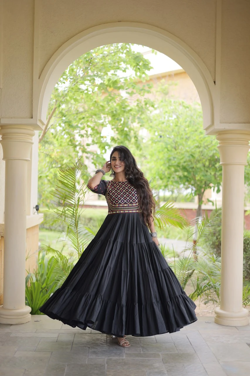Kora Cotton Gown with Multi-Thread Embroidery, Gota Patti & Mirror Work | 12 Meter Flair