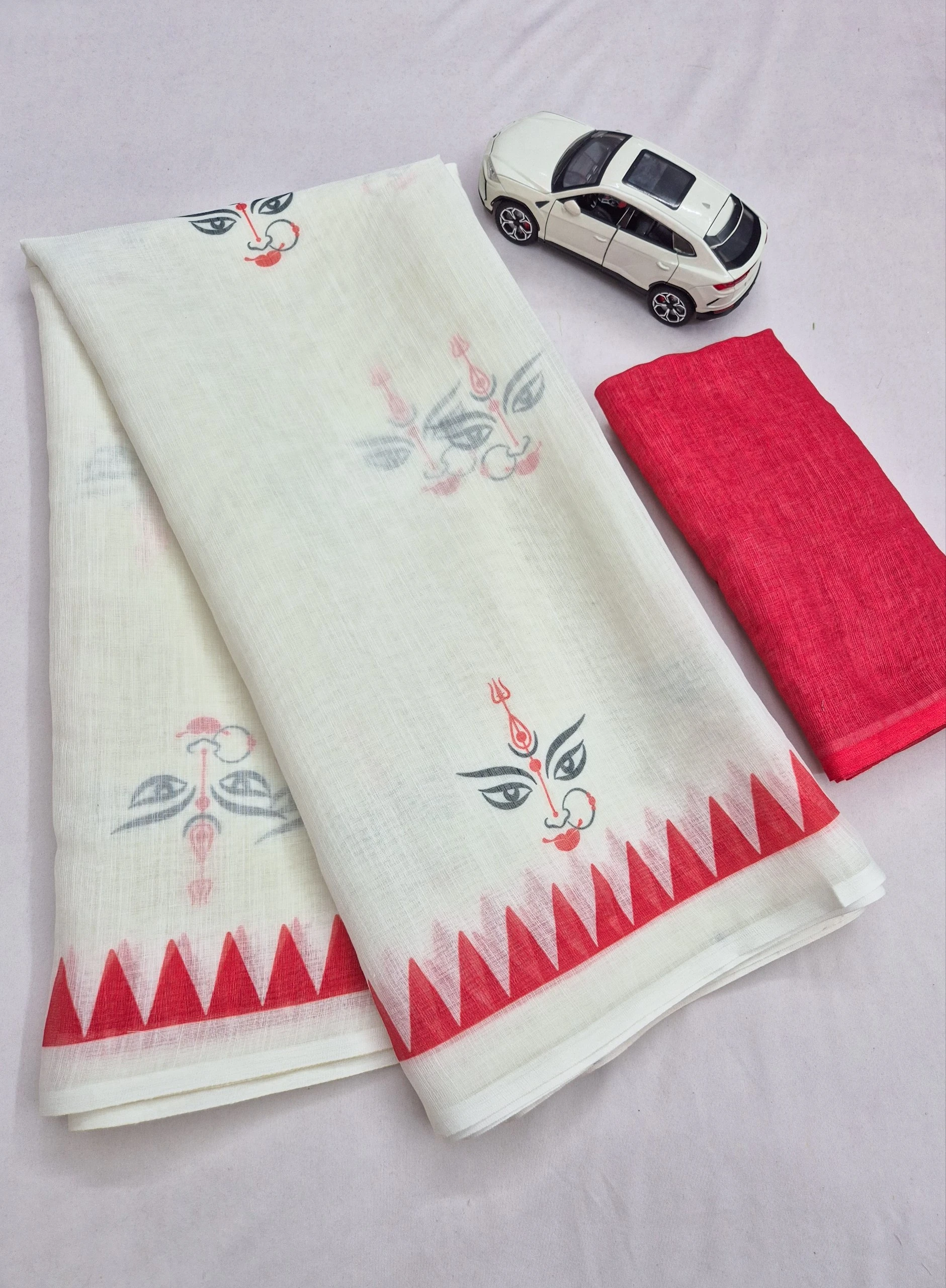 Navratri Devi Puja Special Plain Linen Saree with Digital Print & Matching Blouse