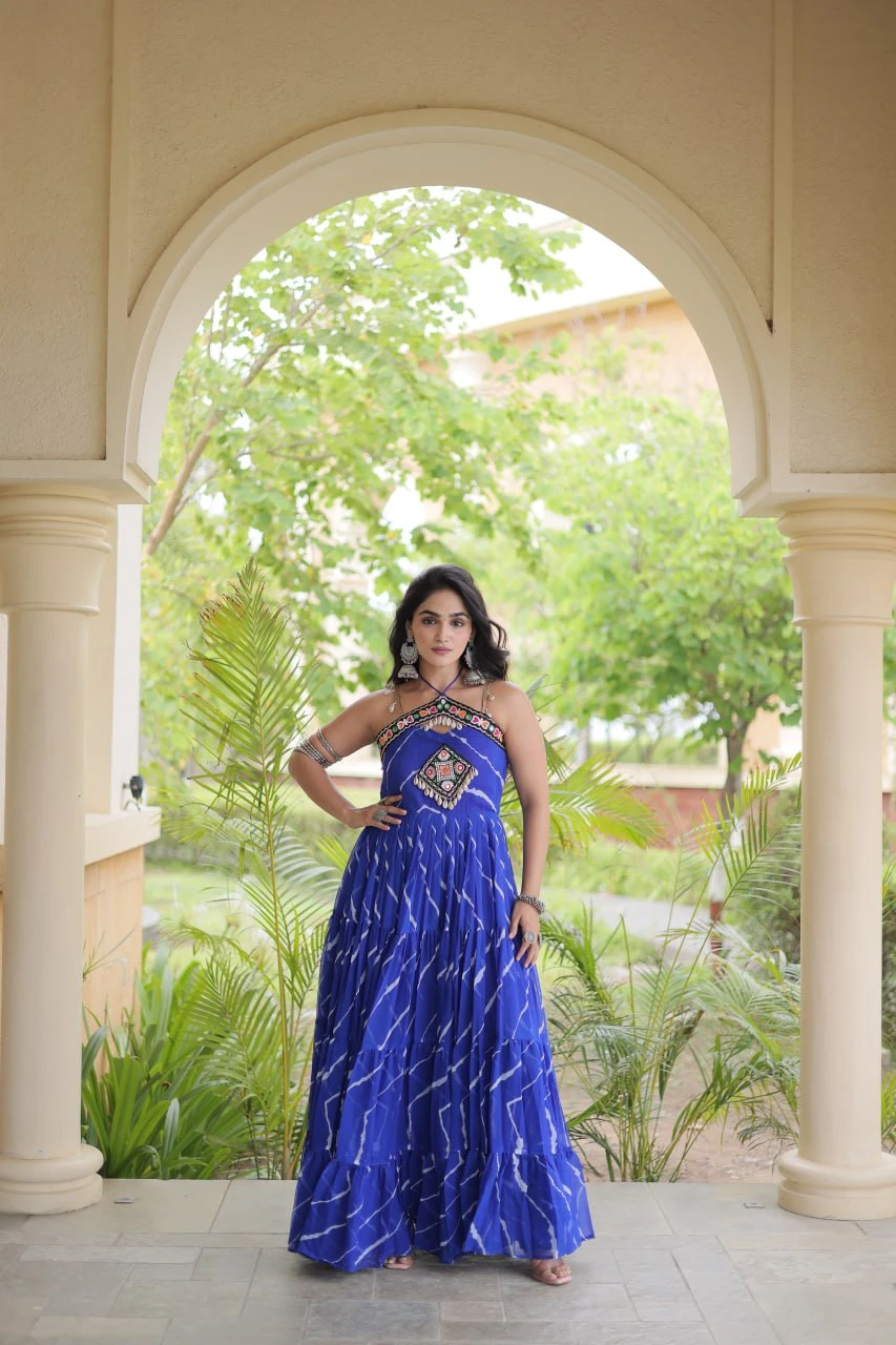 Women’s Faux Georgette Laheriya Print Gown with Kutchi Patchwork