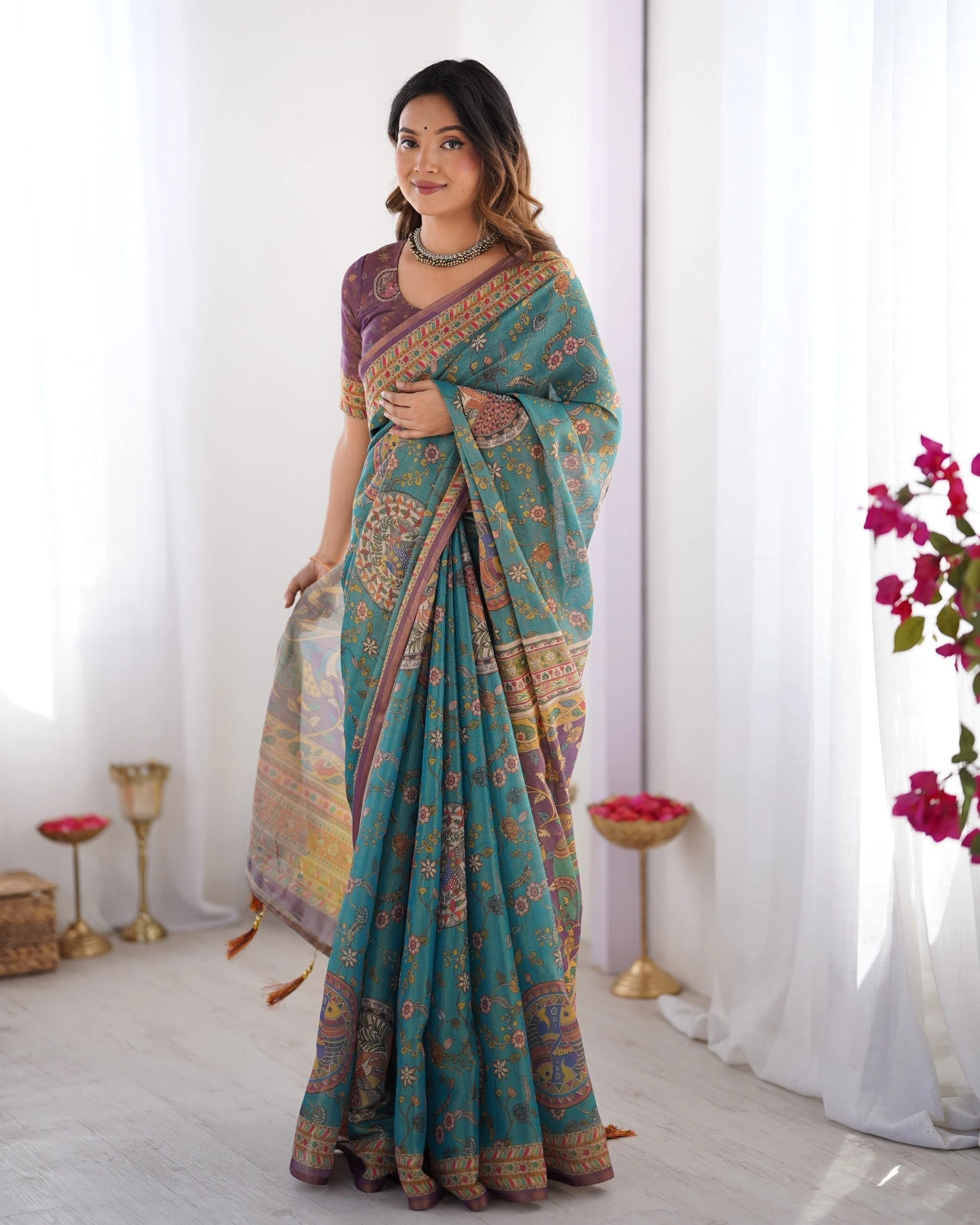 Women's Linen Tissue Silk Saree with Matching Blouse