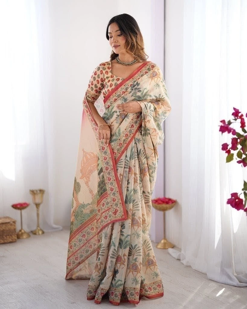 Elegant Linen Tissue Silk Saree with Unstitched Blouse