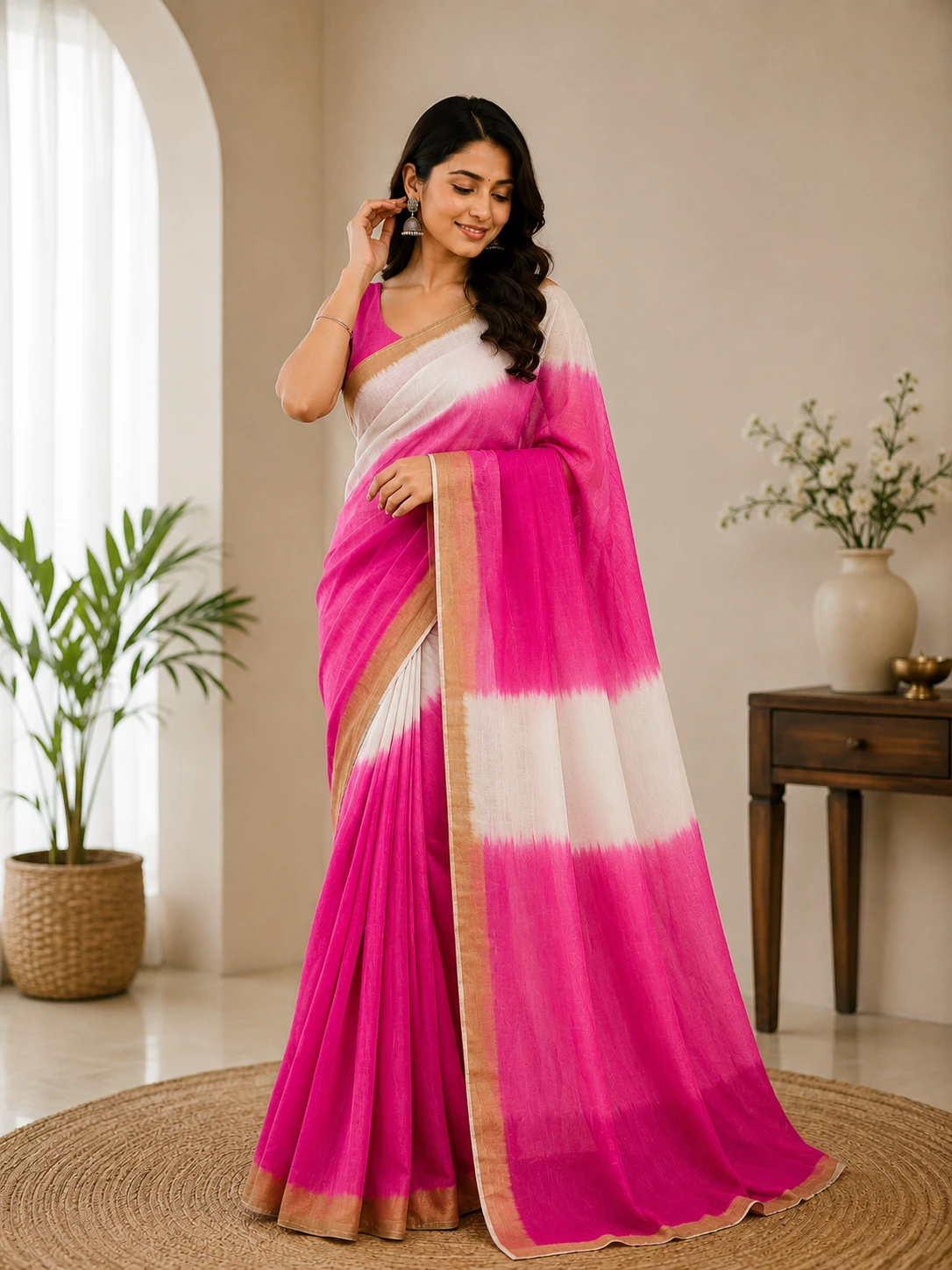 Linen Gold Jari Border Digital Print Saree With Designer Blouse