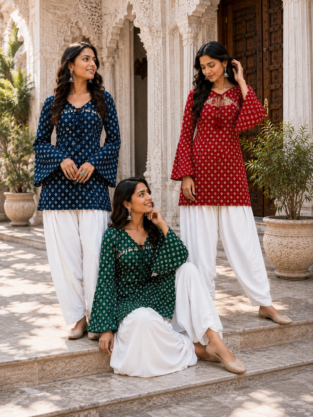 Pure Cotton Bandhej Print Kurti Pant Set With Bell Sleeves
