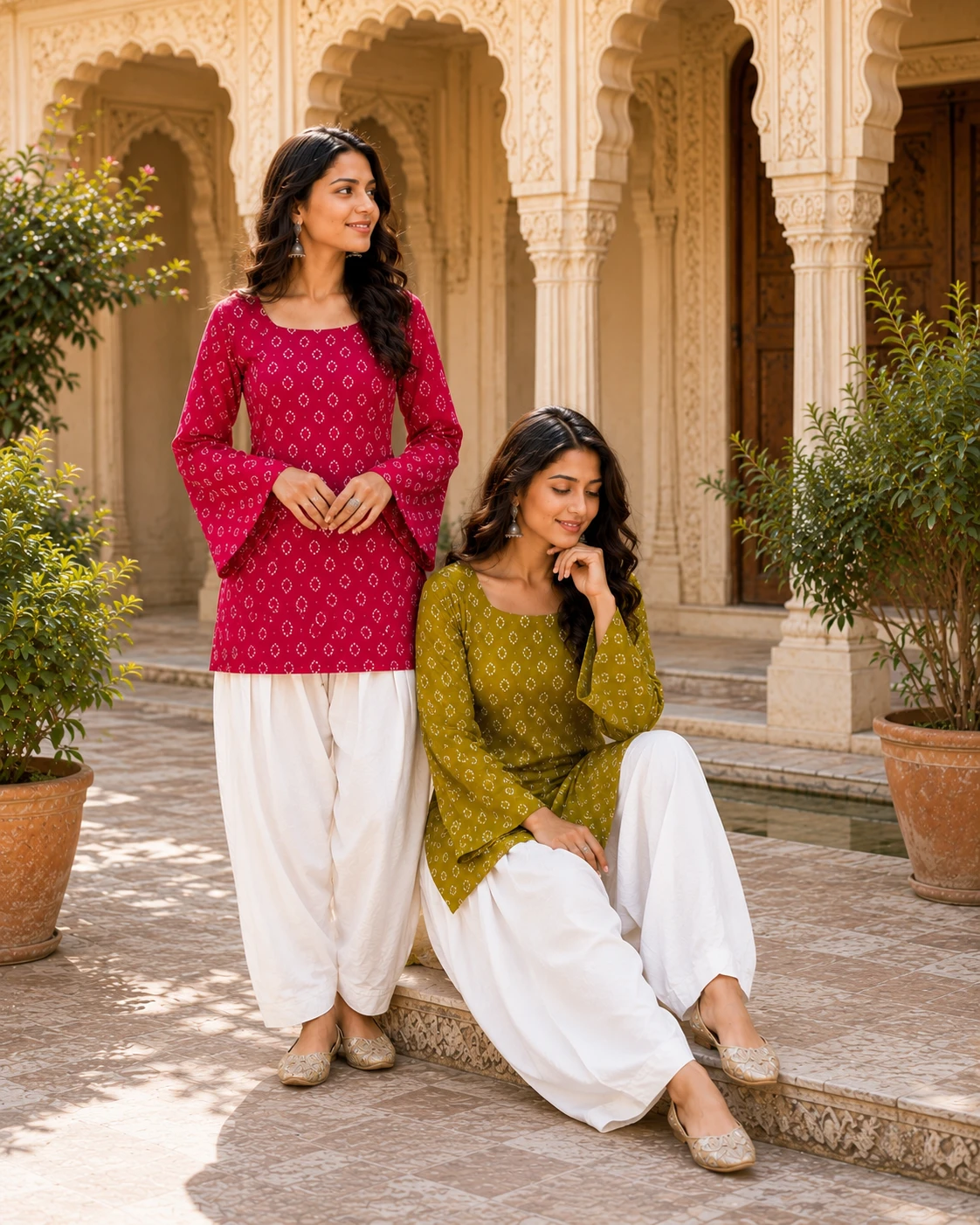 Cotton Bandhej Print Kurti With Linen Farsi Pant Set