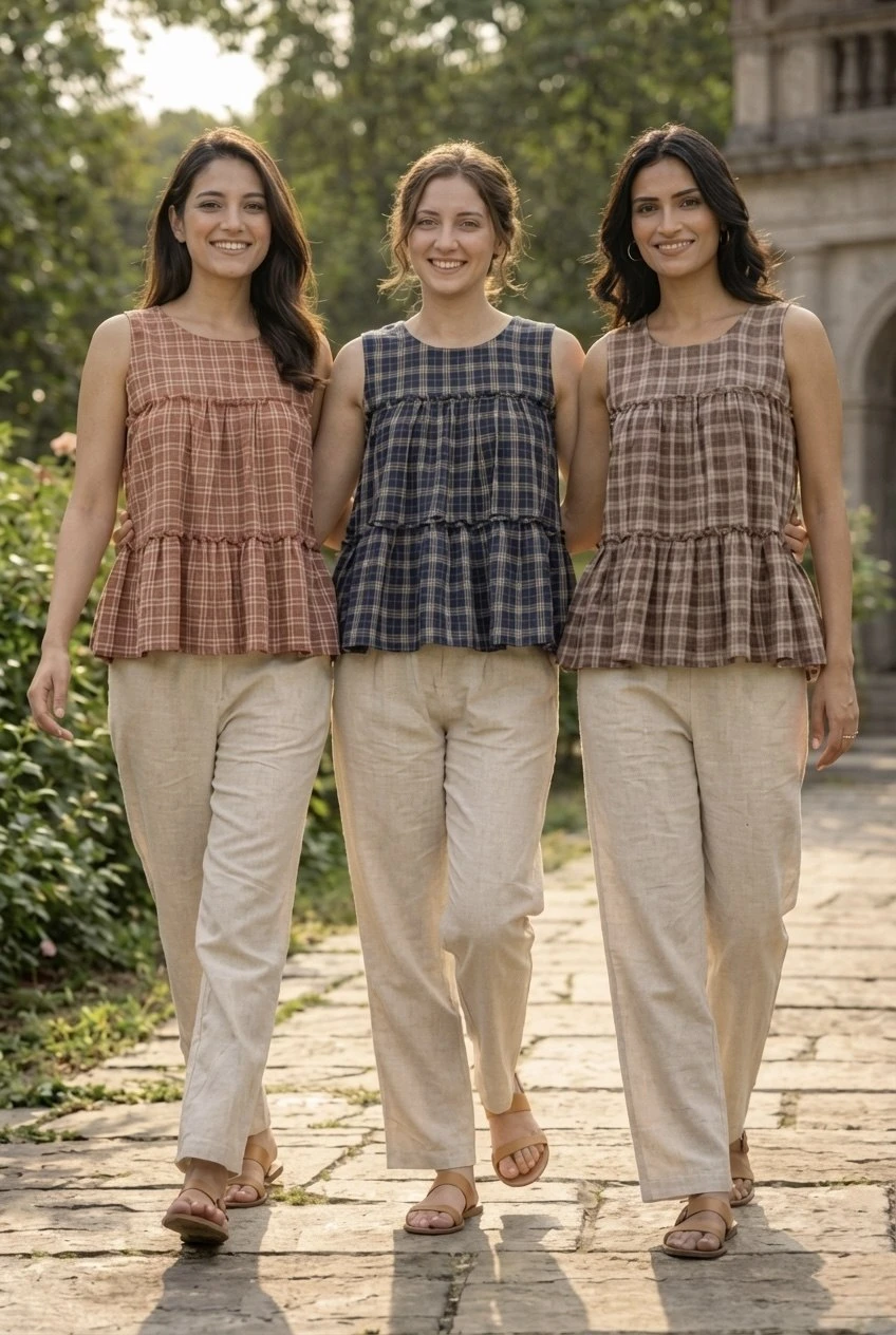 Checks Linen Cotton Sleeveless Top With Pant Set