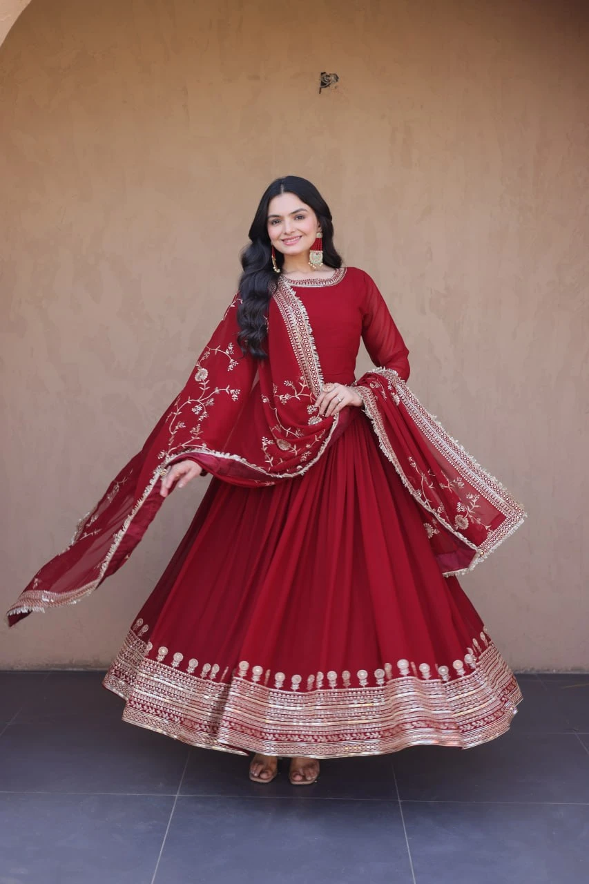 Premium Faux Blooming Embroidered Gown With Sequins Dupatta