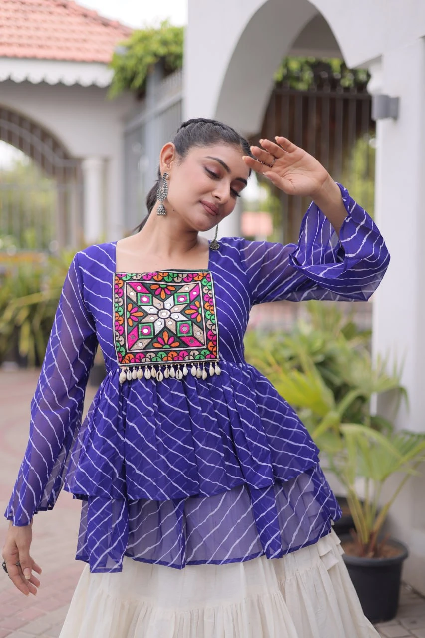 Navratri Special Laheriya Print Top with Kutchi Gamthi Patchwork