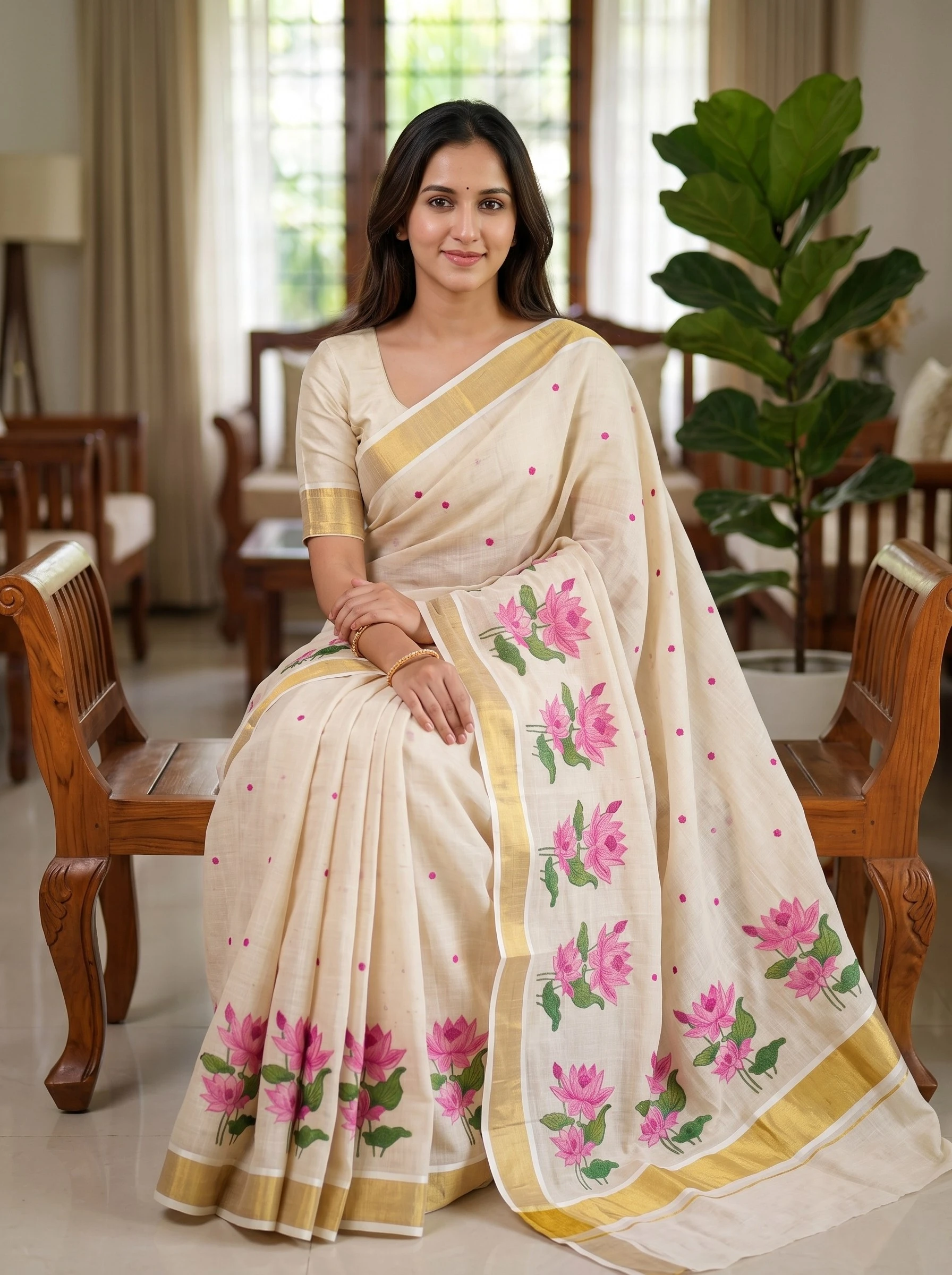 Cotton Cream Printed Floral Kerala Saree with Pink Lotus Motif
