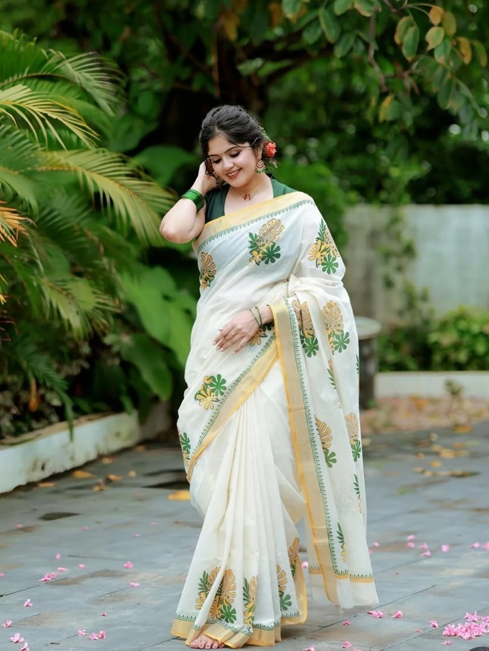 Southloom Kerala Tissue Kasavu Saree with Green Peacock Embroidery Design