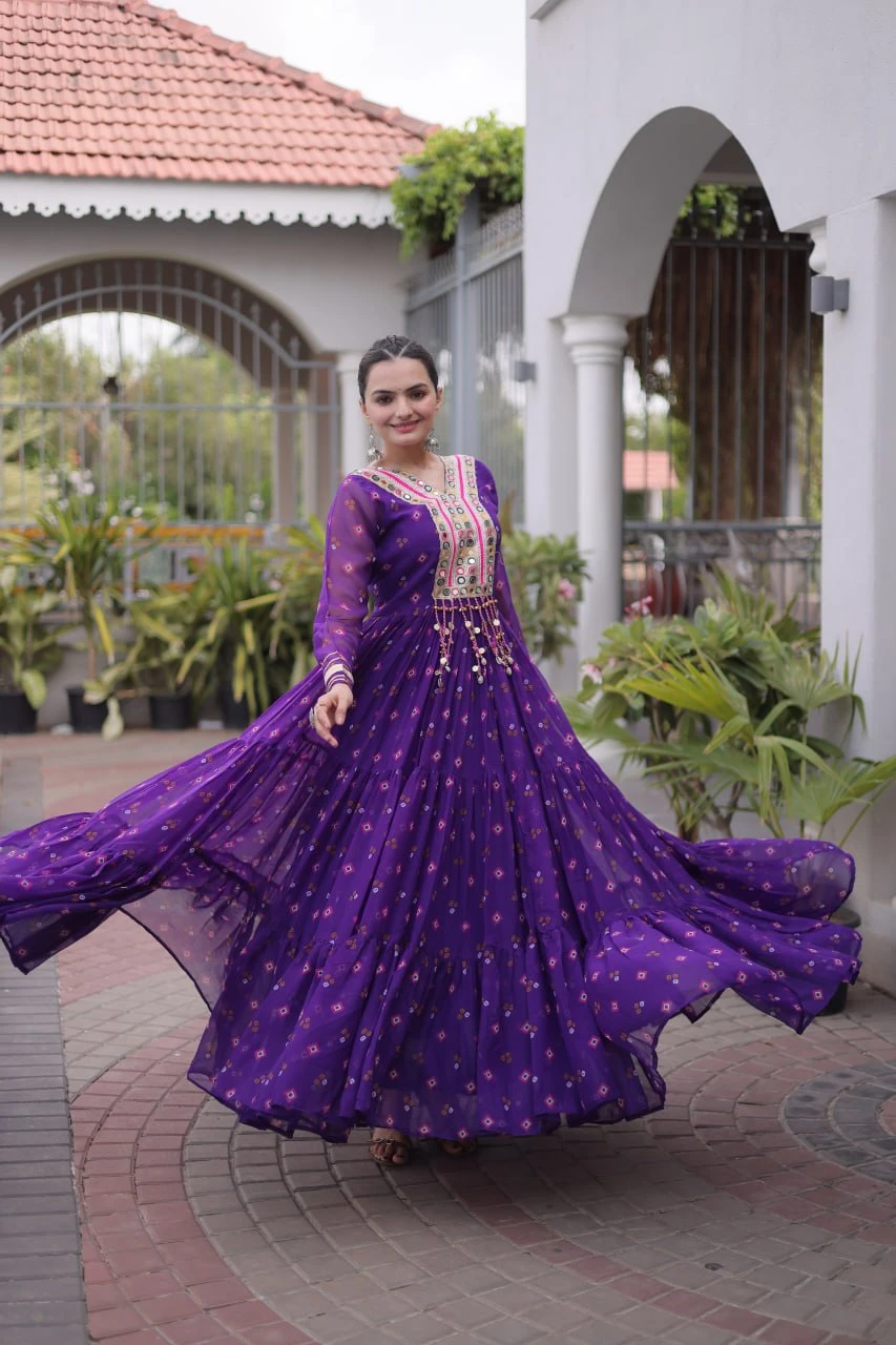 Classic Purple Laheriya Printed Georgette Navratri Wear Gown