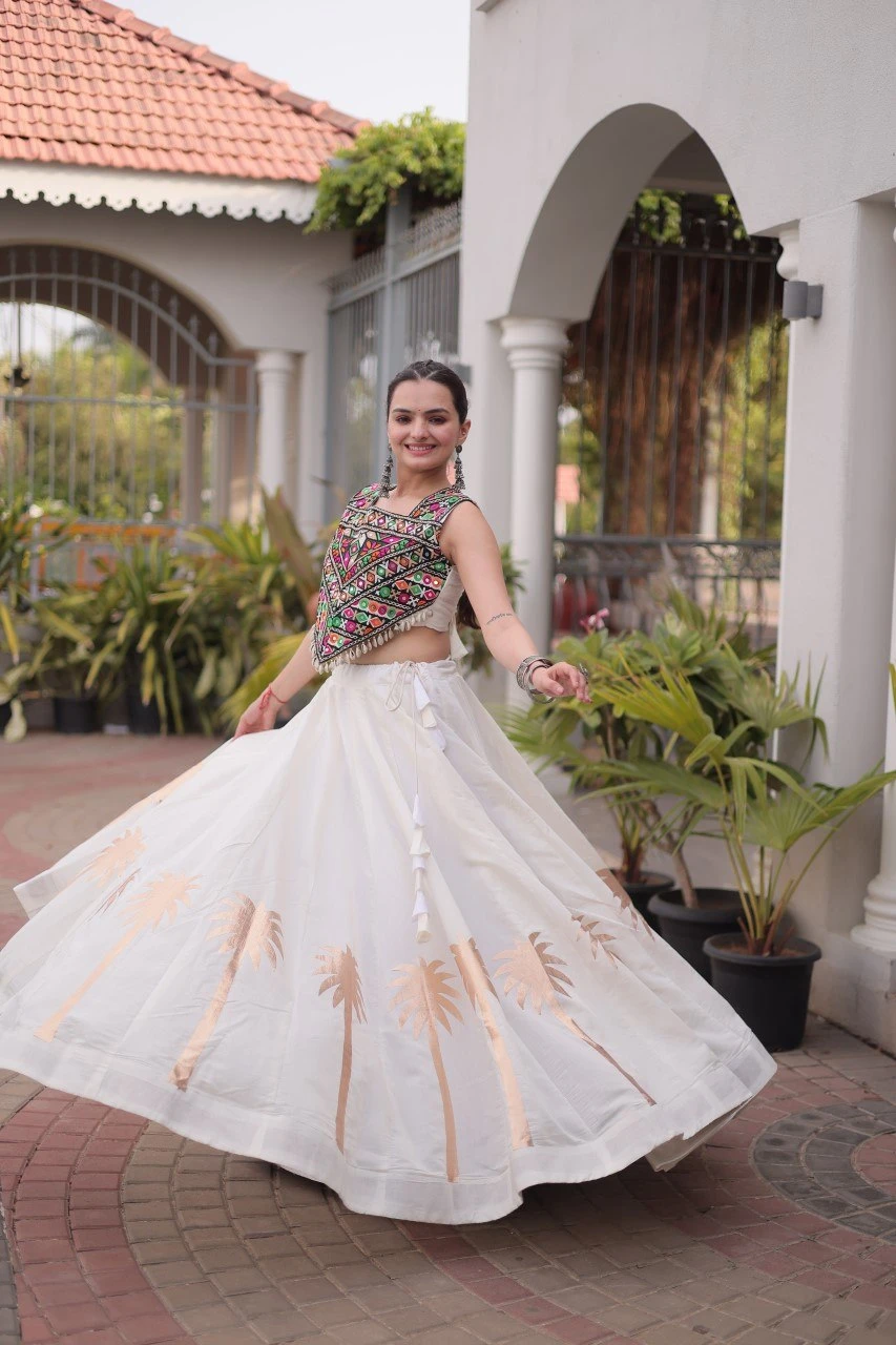 Navratri Lehenga Choli for Women | Roman Fabric with Kutchi Gamthi Work