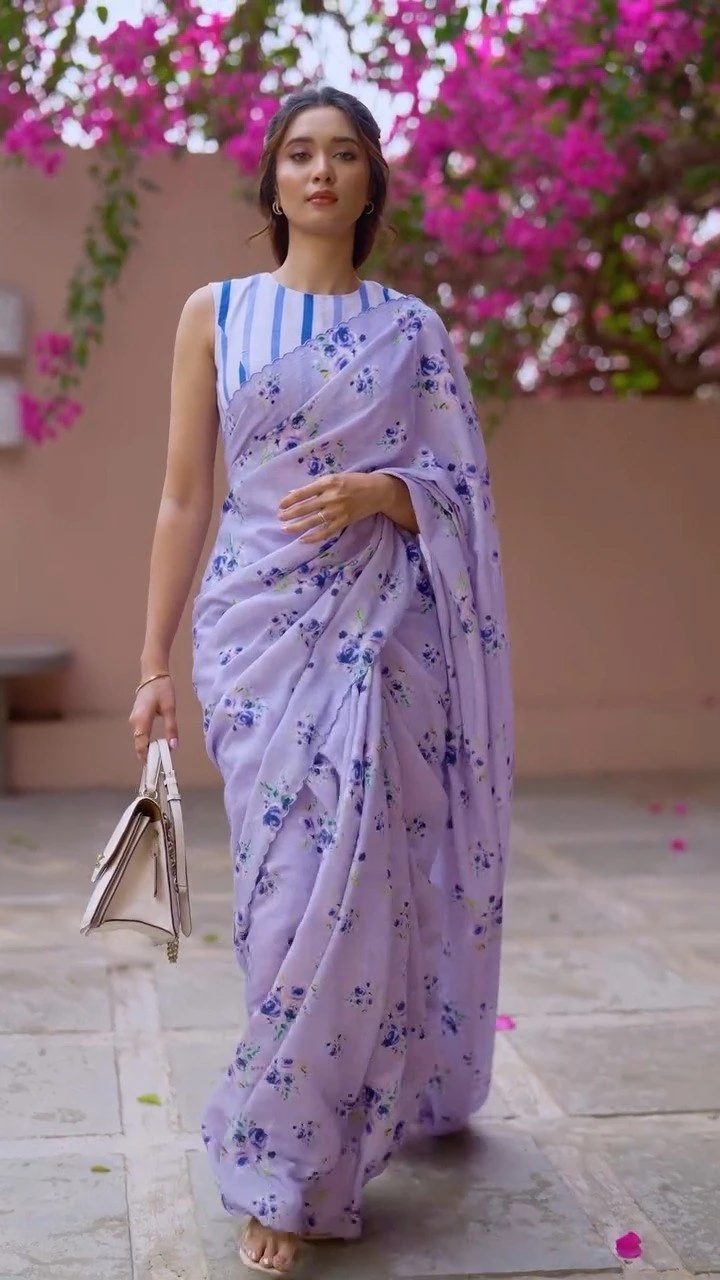 Soft Linen Digital Print Saree with Cut Work Border | Plain Linen Blouse | Free Delivery & COD Available