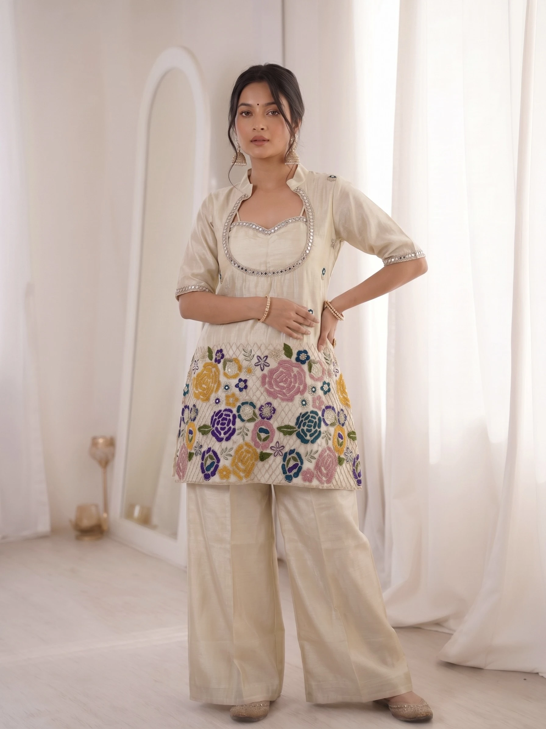 Premium Ivory Tissue Shimmer Silk Co-Ord Set for Women | Mirror Work | Party Wear