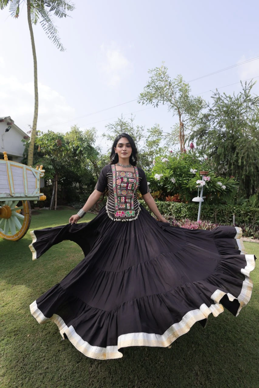 Black Navratri Lehenga Choli for Women | Kora Cotton Garba Dress