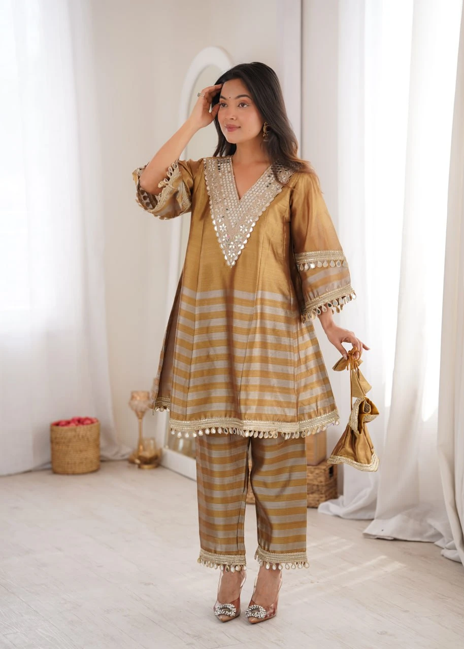 Women's Two-Tone Tissue Co-Ord Set with Mirror Work & Batwa | Festive Wear