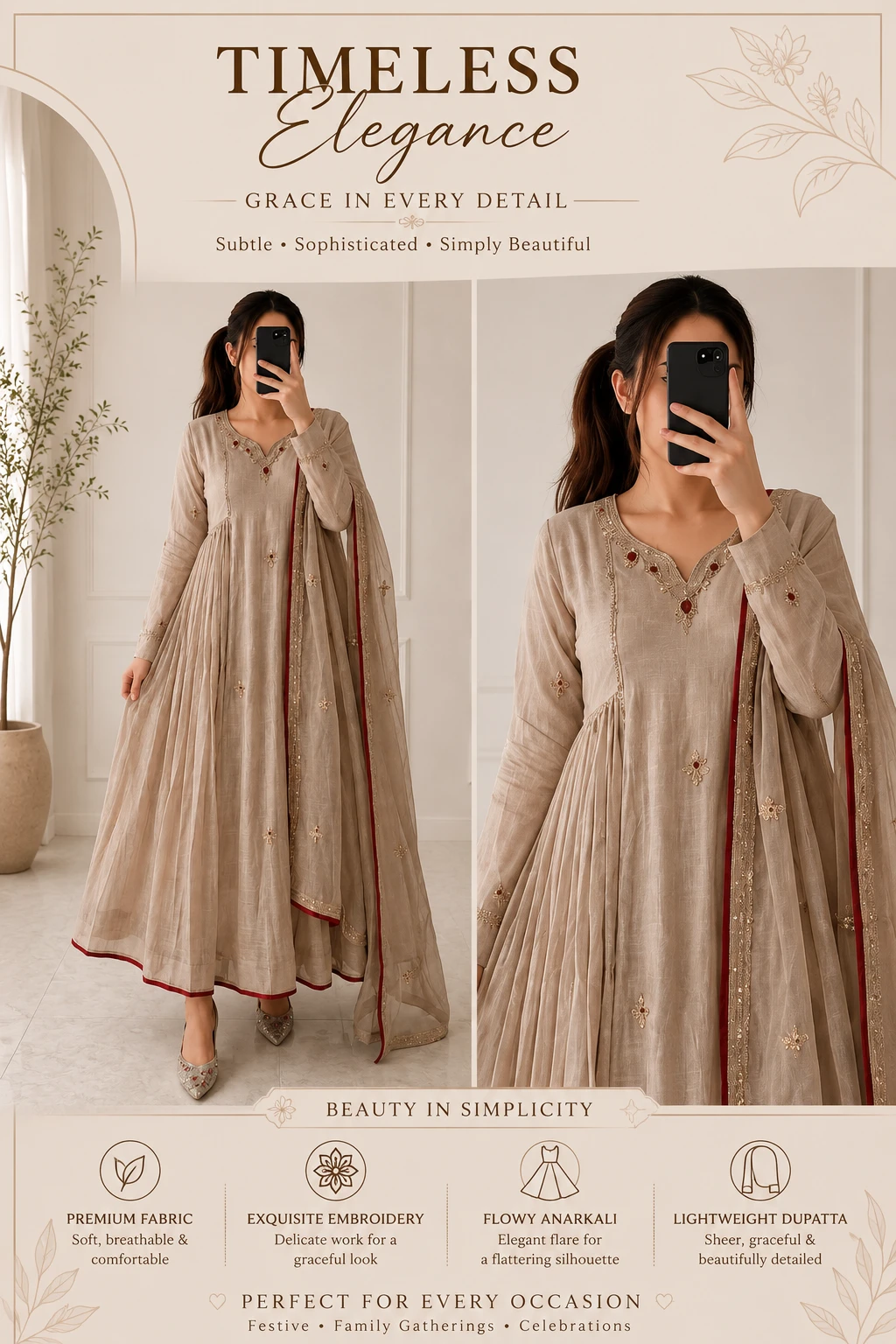 Premium Mul Chanderi Anarkali Kurta Set with Handwork