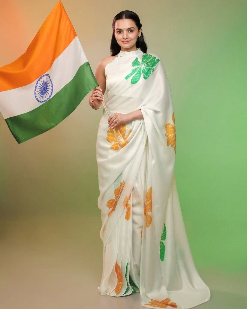 Women's 15th August Special Tricolor Digital Print Japan Satin Saree with Unstitched Blouss