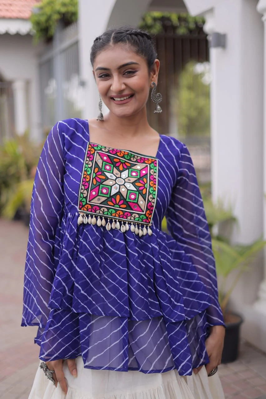Women's Kora Cotton Navratri Lehenga Choli Set with Kutchi Gamthi Patchwork