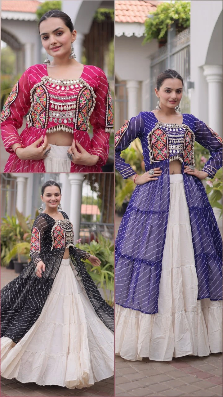 Designer Laheriya Lehenga Kurti Set with Kutchi Patchwork