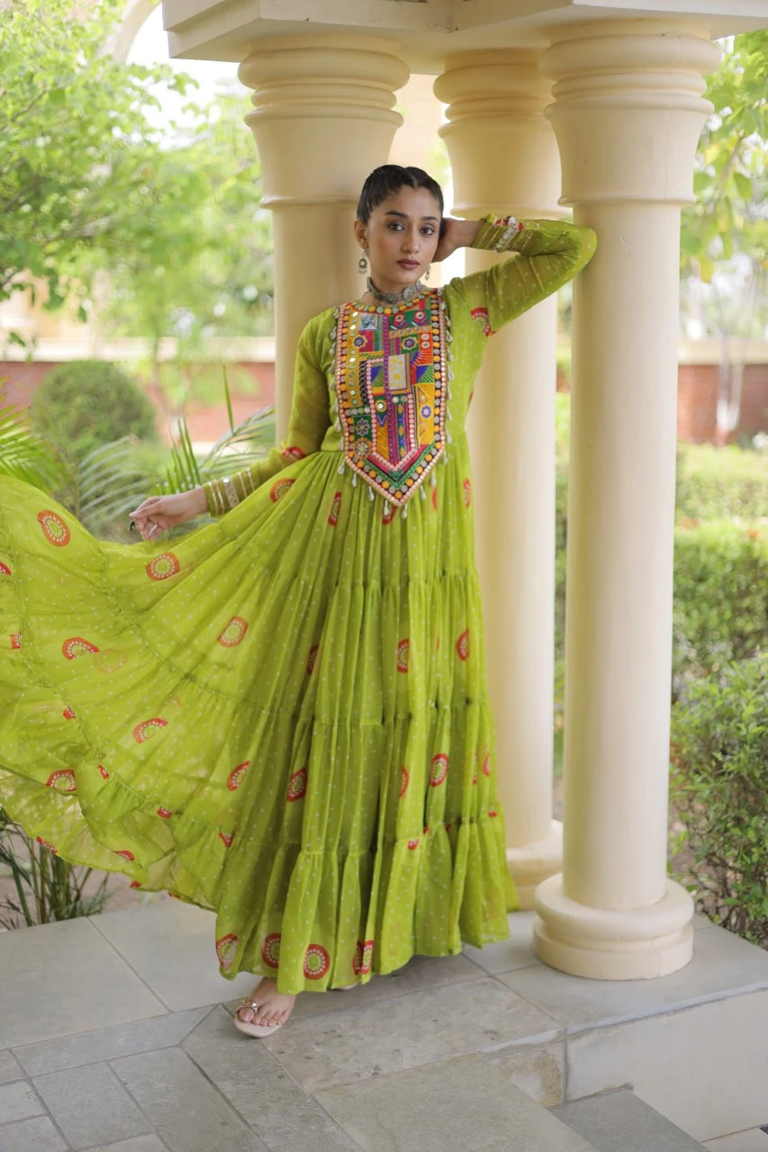 Navratri Gown for Women with Bandhani Print & Kutchi Patchwork