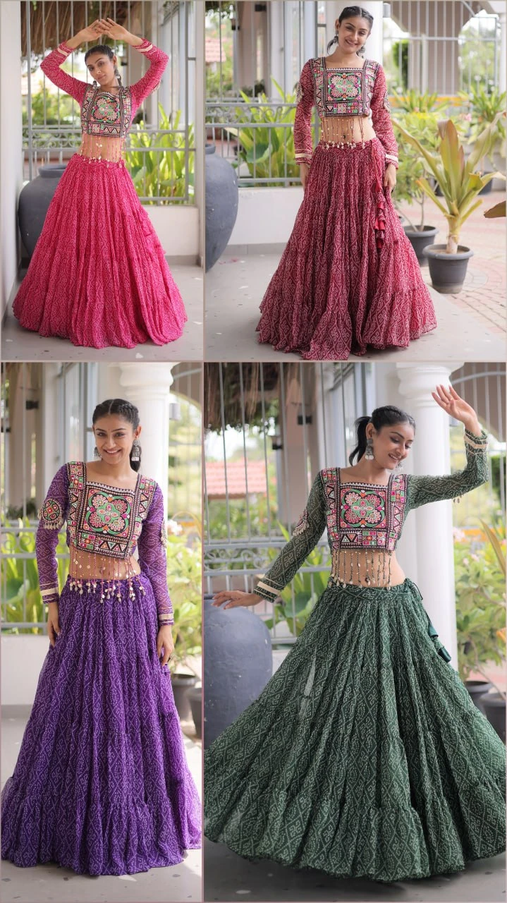Bandhani Print Full-Stitched Lehenga Choli with Kutchi Patchwork & 12 Meter Flair